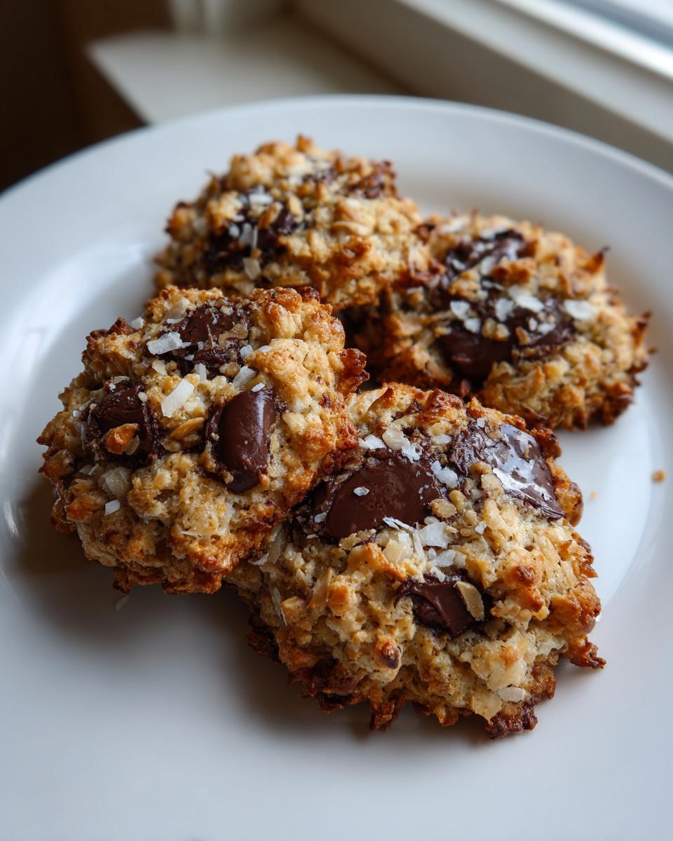 Close-up of four golden brown almond joy cookies topped with melted chocolate chips and shredded coconut.