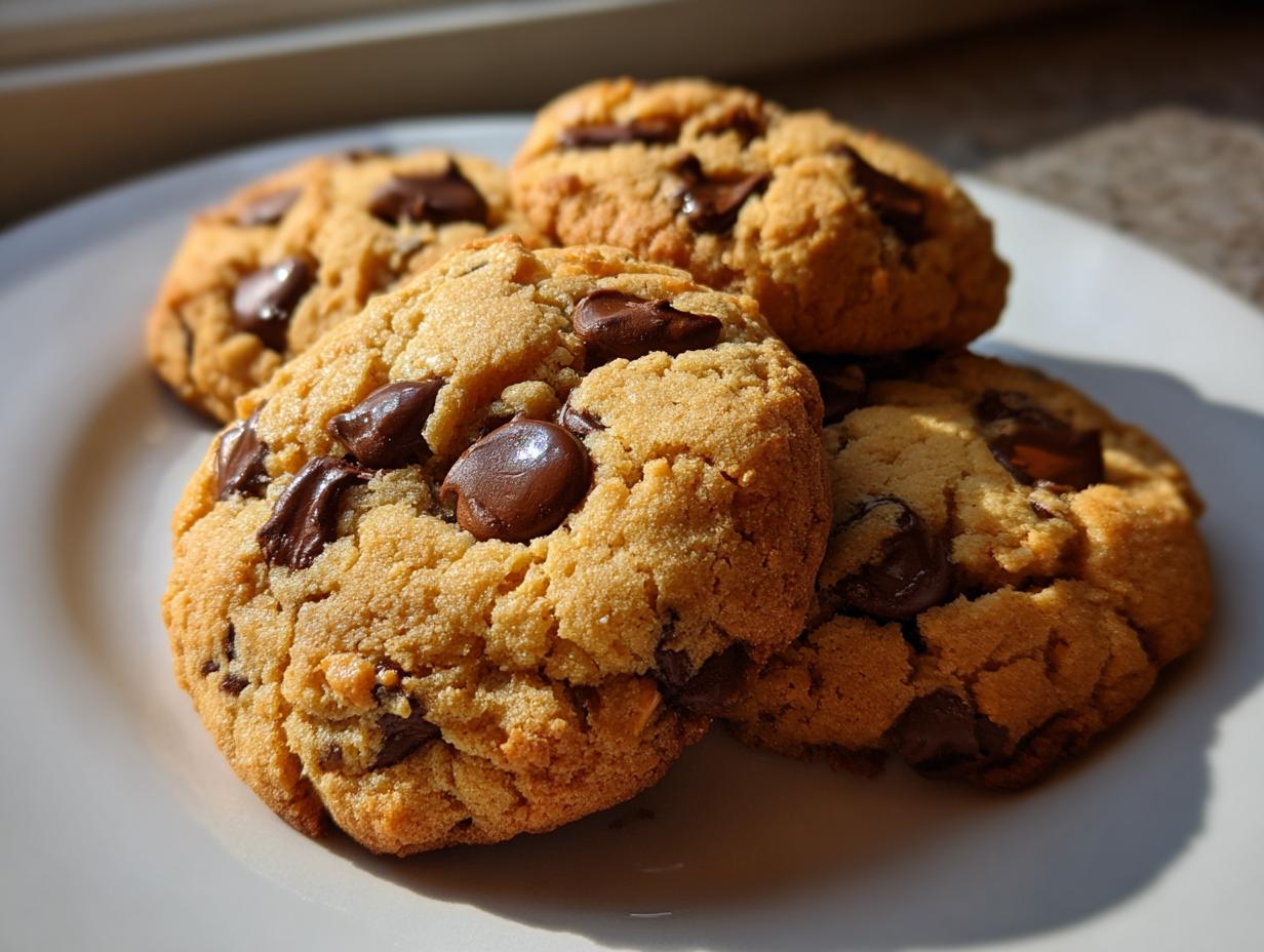 A stack of four golden brown almond joy cookies studded with melted chocolate chips, resting on a white plate.