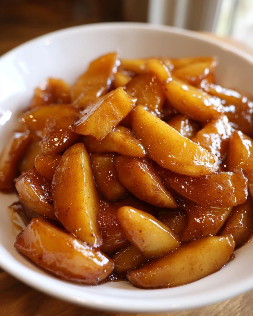 Close-up of thick, glossy, cinnamon-spiced apple pie filling slices in a white bowl.