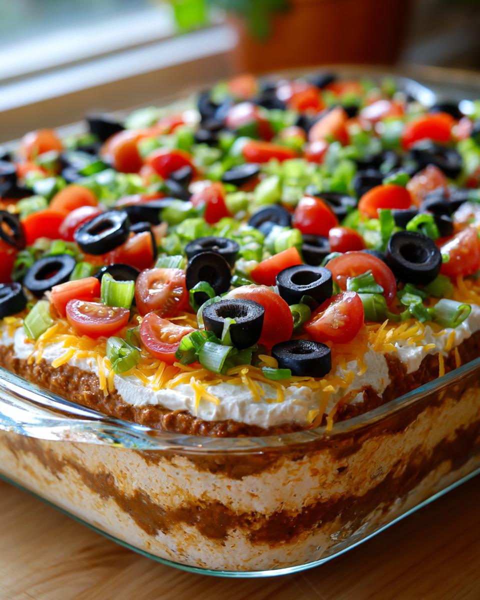 Close-up of an amazing 7 layer dip topped with shredded cheese, black olives, tomatoes, and green onions.