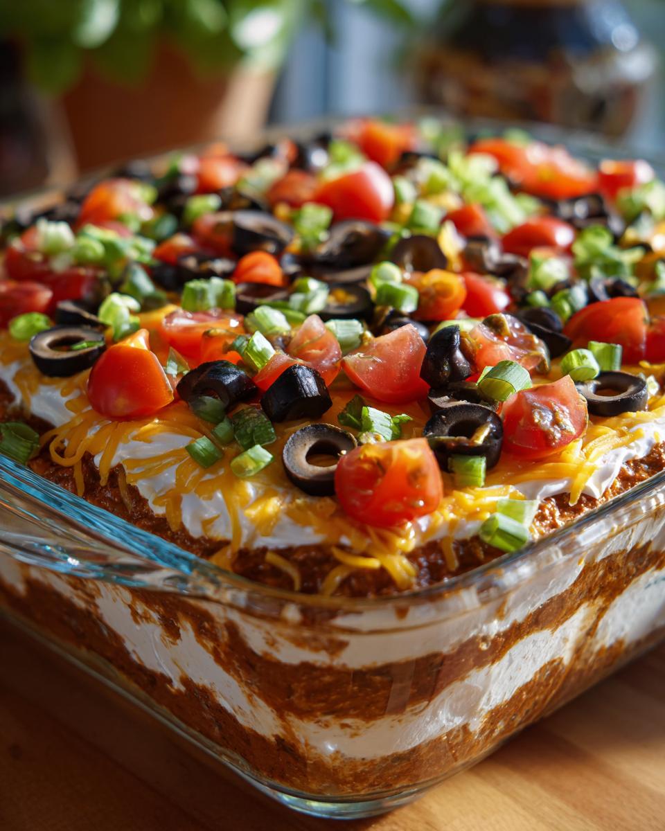 Close-up of an amazing 7 layer dip in a clear glass dish, topped with cheese, tomatoes, olives, and green onions.