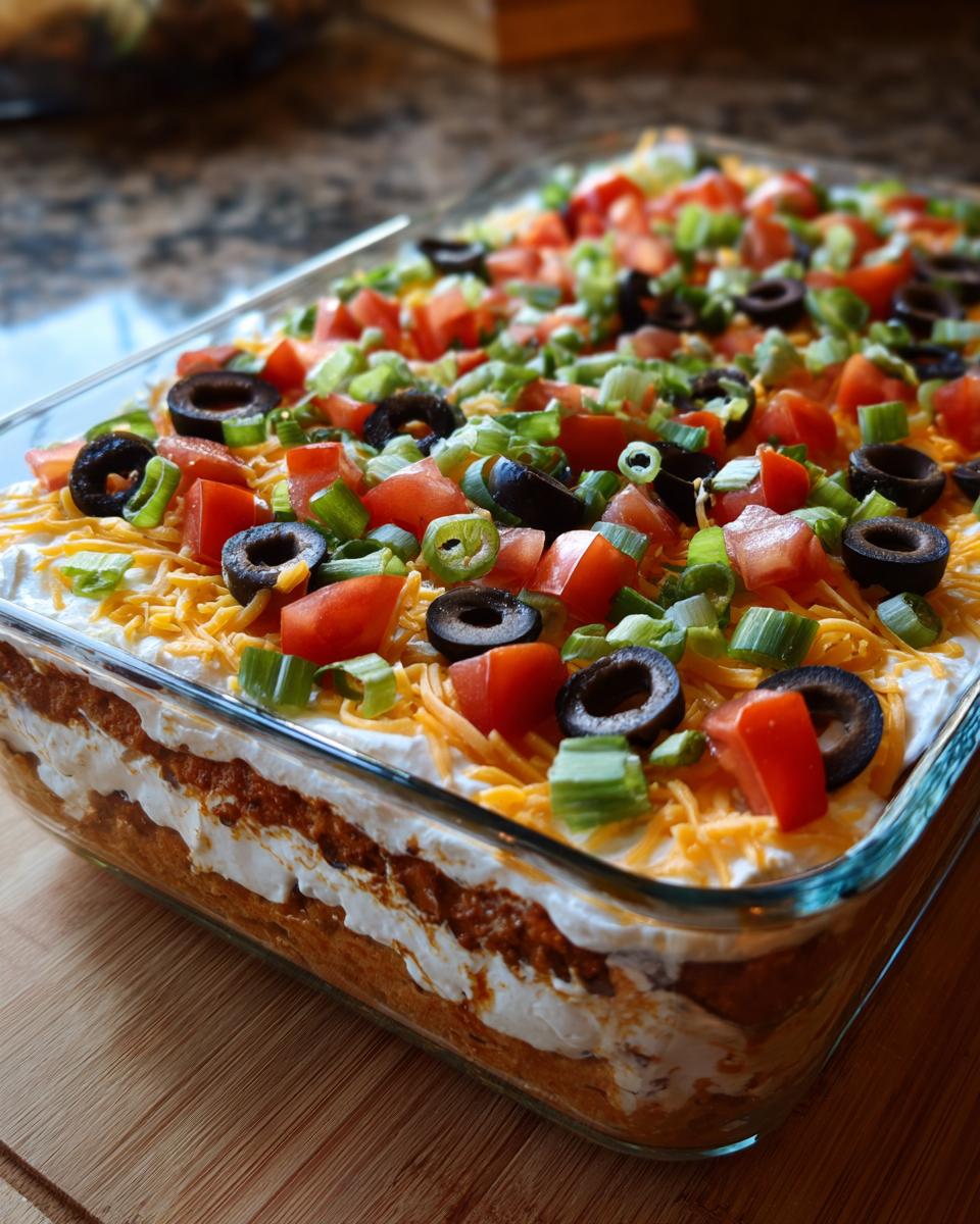 Close-up of a vibrant, fully assembled 7 layer dip in a clear glass dish, topped with cheese, olives, and tomatoes.