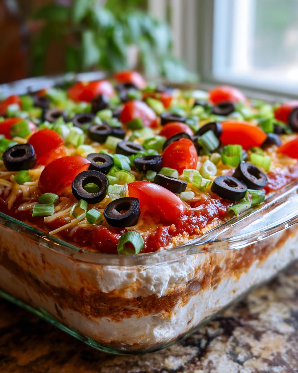 A close-up view of an amazing 7 layer dip topped with tomatoes, olives, cheese, and green onions.