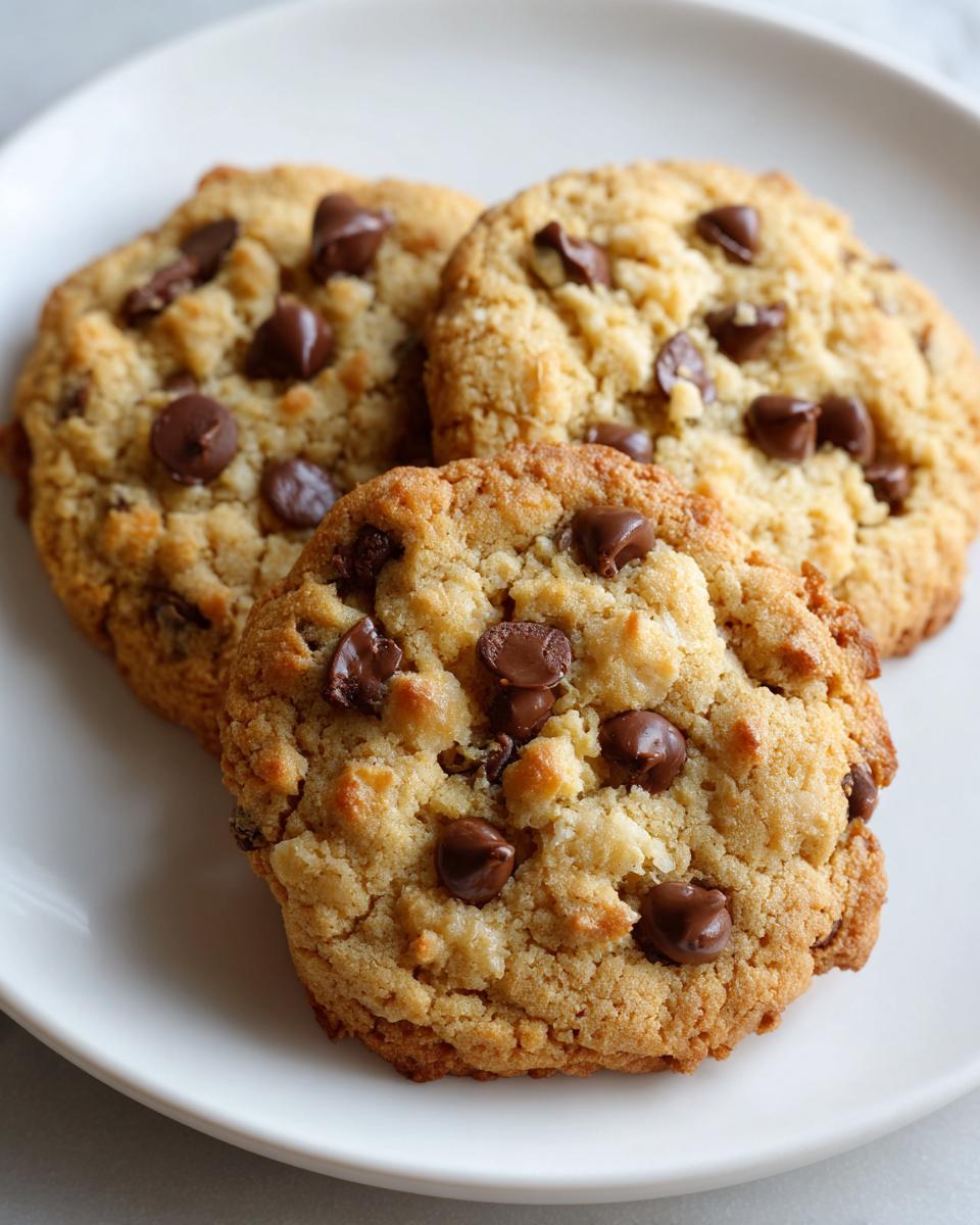 Close-up of three freshly baked almond joy cookies studded with chocolate chips on a white plate.