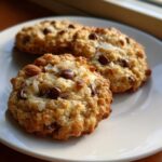 Three golden brown almond joy cookies studded with chocolate chips and coconut flakes on a white plate.