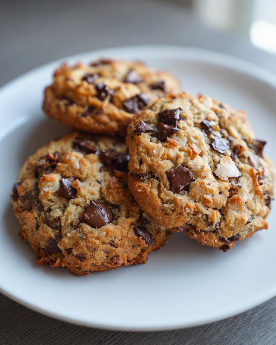 Close-up of three freshly baked almond joy cookies loaded with chocolate chunks and coconut flakes on a white plate.