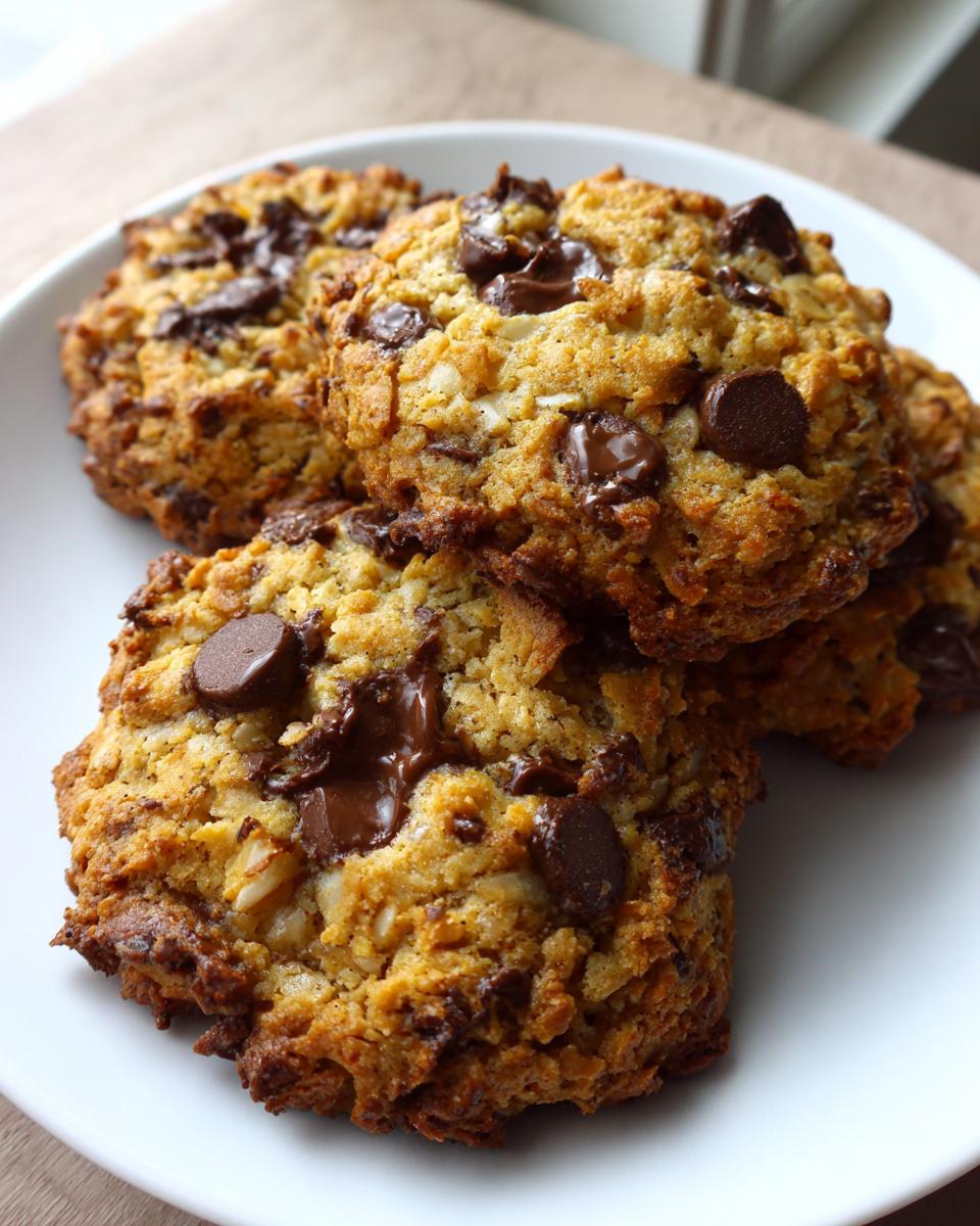 A close-up of several golden brown almond joy cookies piled on a white plate, featuring melted chocolate chips.
