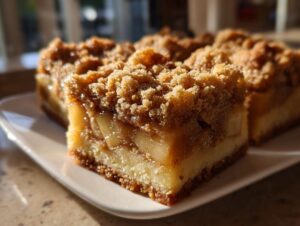 A close-up view of a square serving of apple pie bars, showing a thick layer of spiced apples and a crunchy brown sugar crumble topping.