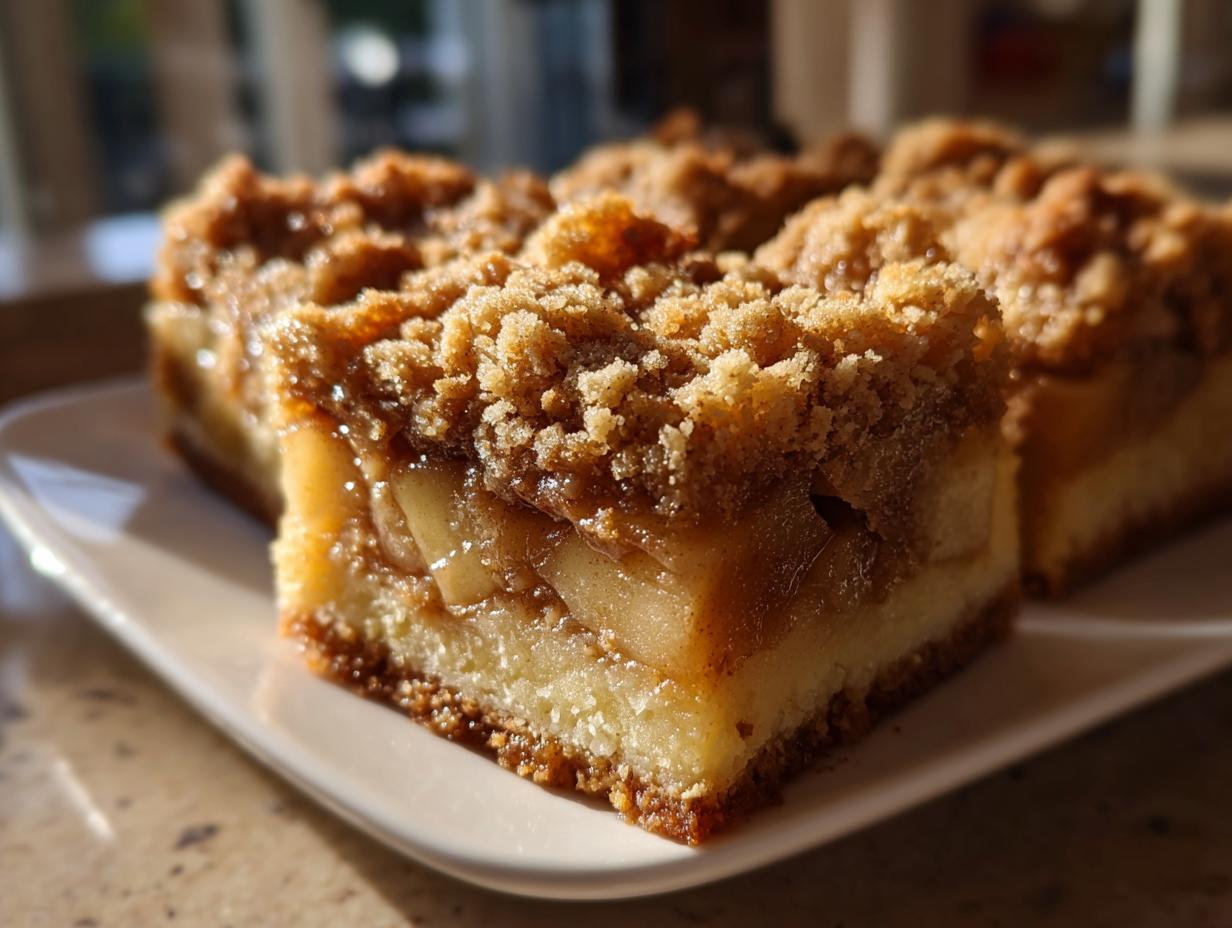 A close-up view of a square serving of apple pie bars, showing a thick layer of spiced apples and a crunchy brown sugar crumble topping.