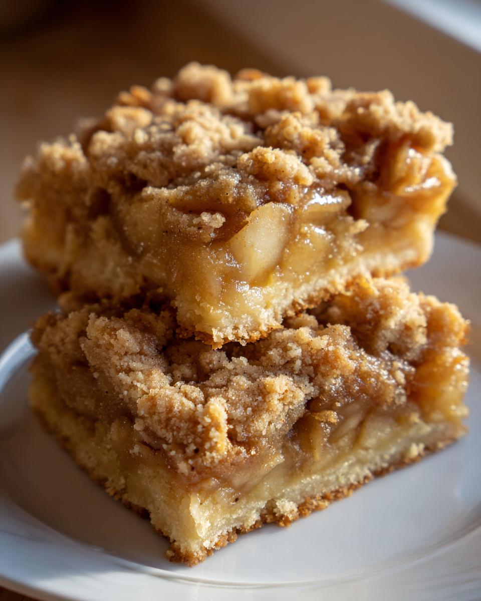 Close-up of two delicious apple pie bars stacked on a white plate, featuring a thick, gooey apple filling and crumb topping.