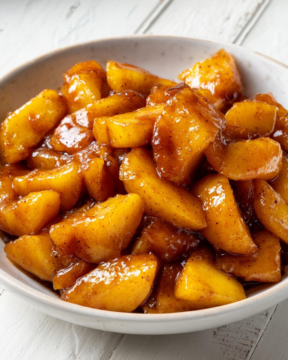 Close-up of thick, glossy, cinnamon-spiced apple pie filling slices in a white bowl.