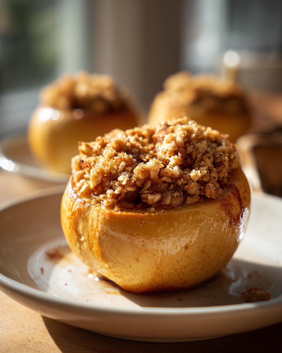 A close-up of a perfectly glazed baked apples dessert topped generously with a brown sugar and nut crumble.