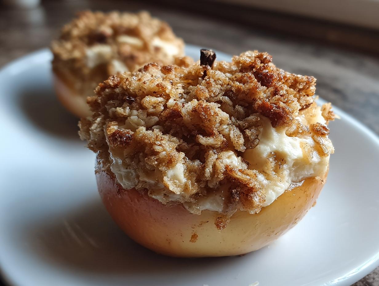 Close-up of two creamy baked apples topped with a generous, golden brown crumble mixture, served on a white plate.