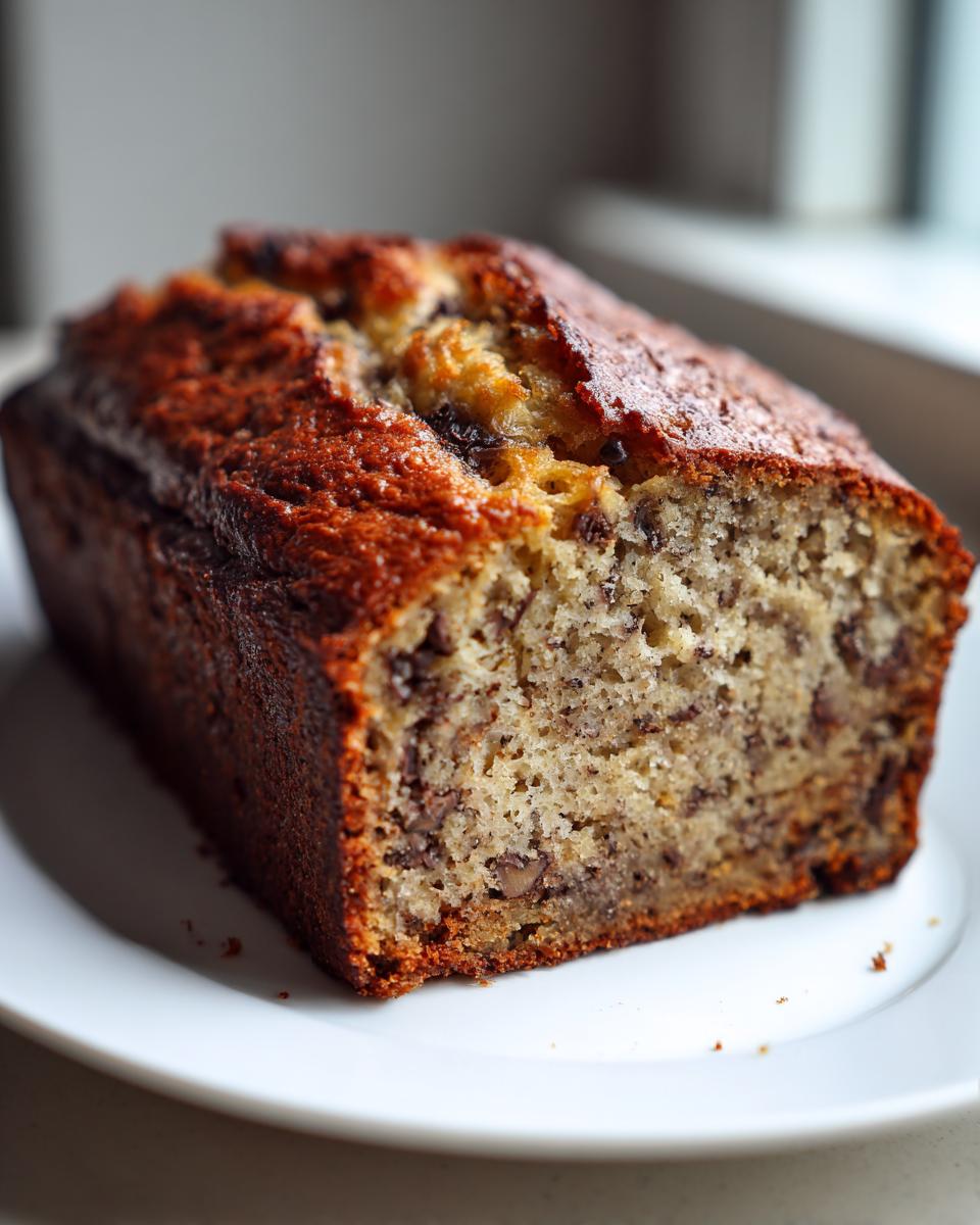A freshly baked loaf of soft banana bread recipe with a dark, crackled top, sitting on a white plate.