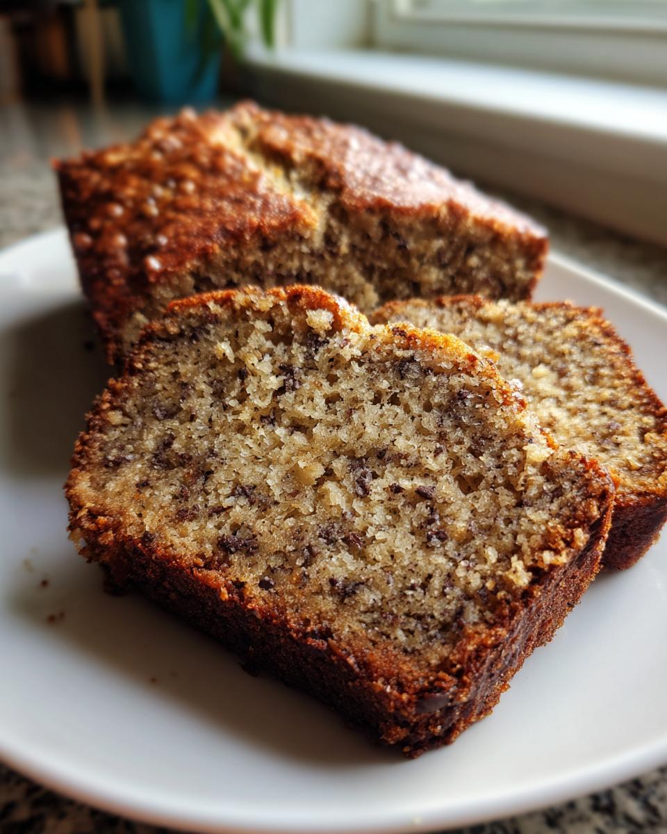 Close-up of two soft slices cut from a loaf of amazing banana bread recipe, showing moist crumb and chocolate chips.