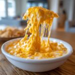 A scoop of hot, gooey beer cheese dip is lifted from a white bowl, showing extreme cheese pull.