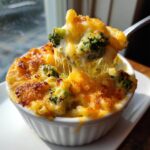 A spoonful of creamy, baked broccoli cheddar being lifted from a white ramekin, showing a dramatic cheese pull.