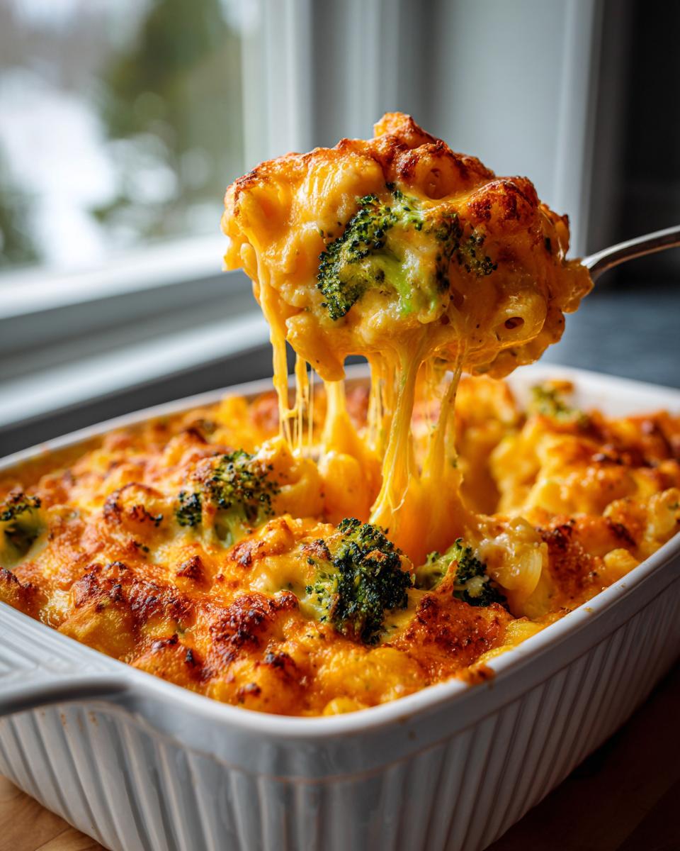 A spoonful of baked broccoli cheddar casserole showing extreme cheese pull over a white baking dish.