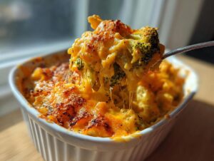 A spoonful of baked broccoli cheddar being lifted from a white ramekin, showing a dramatic cheese pull.