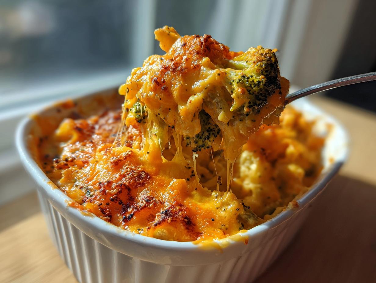 A spoonful of baked broccoli cheddar being lifted from a white ramekin, showing a dramatic cheese pull.