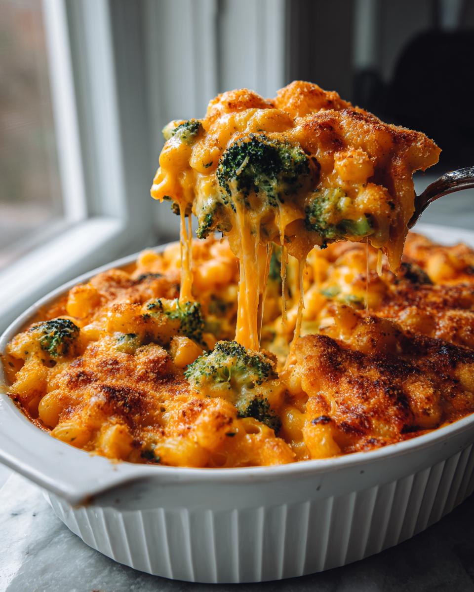 A spoonful of hot, cheesy broccoli cheddar being lifted from a baked casserole dish, showing long cheese pulls.