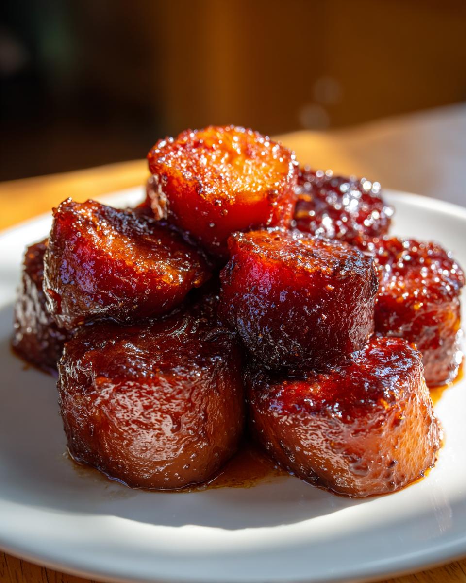 A close-up stack of thick, round candied sweet potatoes coated in a rich, dark, shiny glaze.