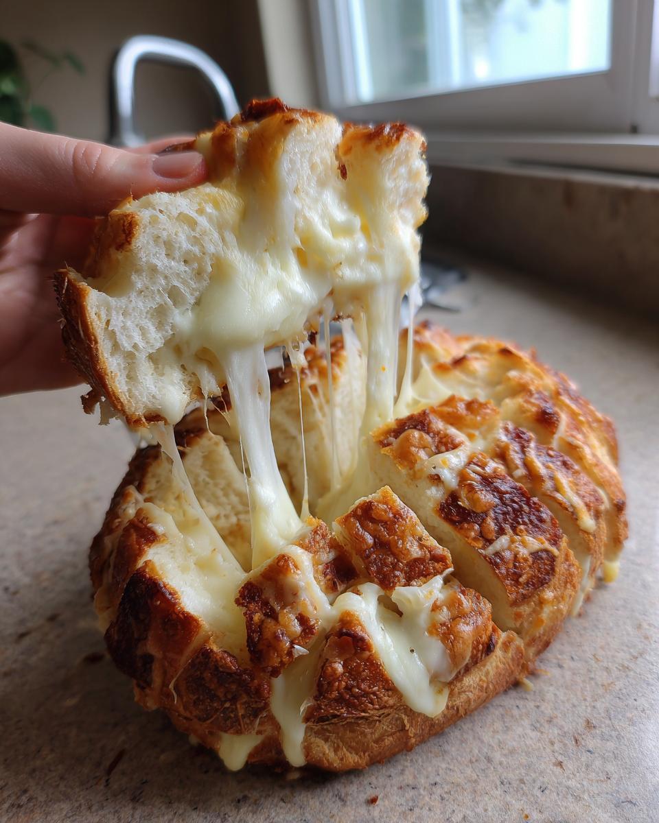A hand pulling apart a piece of baked cheese bread, showing long, stretchy strings of melted cheese.