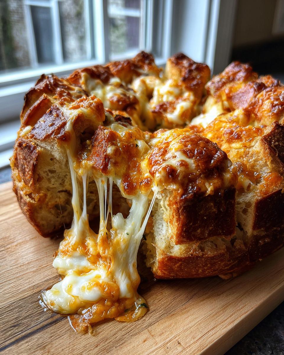 Close-up of pull-apart cheese bread showing extreme cheese pulls, baked golden brown.