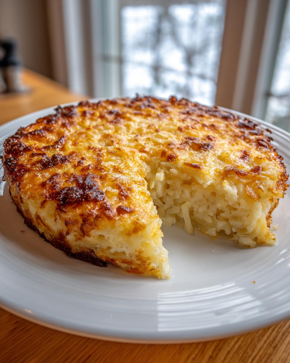 A round, baked cheesy potato casserole with a slice removed, showing the shredded potato interior and a deeply browned, cheesy top.