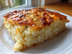 A close-up of a square slice of baked cheesy potato casserole with a golden-brown, bubbly cheese topping.