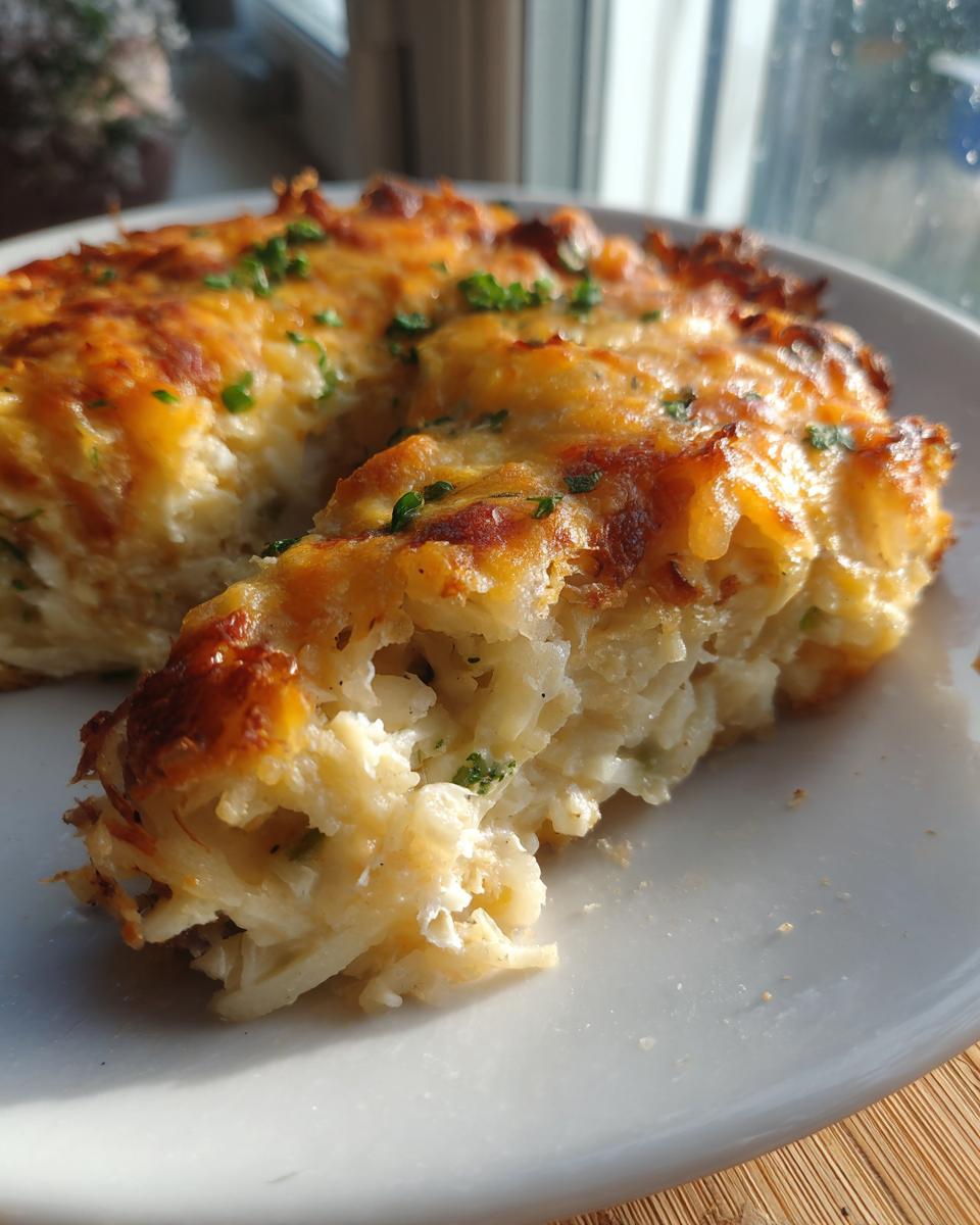 A close-up of a serving of amazing cheesy potato casserole with a golden-brown, bubbly cheese crust and shredded potatoes inside.