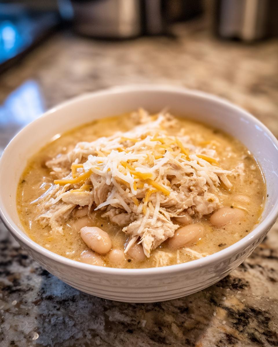 A close-up of a white bowl filled with creamy chicken chili, featuring shredded chicken, white beans, and topped with shredded cheese.