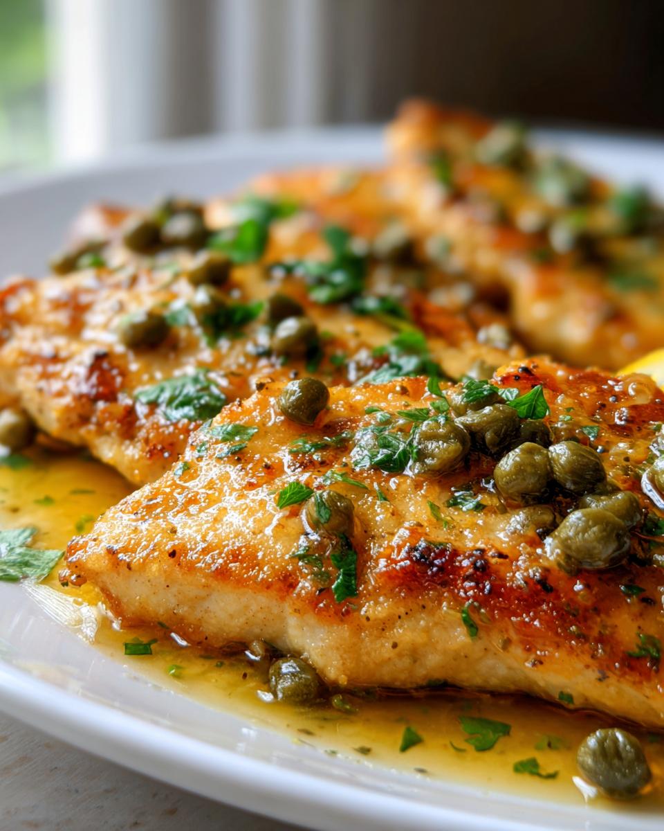 Close-up of pan-seared chicken piccata fillets covered in a bright lemon-butter sauce, capers, and fresh parsley.