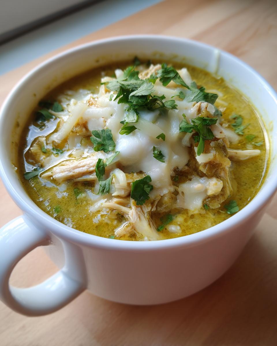 A close-up of a white mug filled with amazing chicken poblano soup recipe, topped with melted white cheese and fresh cilantro.