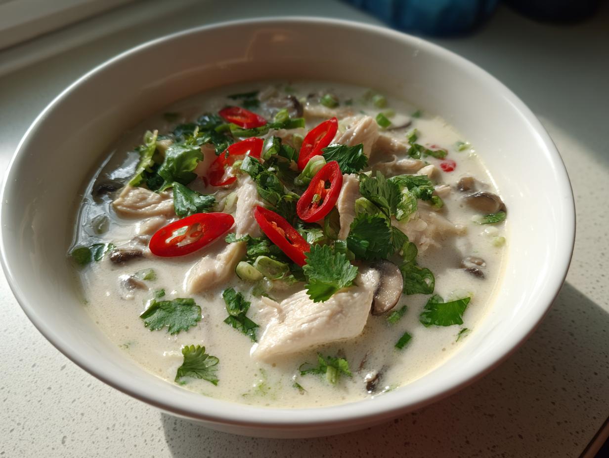 A close-up view of a bowl of creamy coconut soup featuring shredded chicken, mushrooms, fresh cilantro, and bright red chili slices.