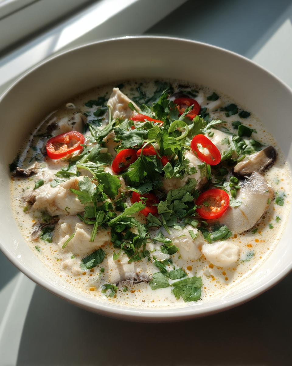 Close-up of a creamy coconut soup garnished with fresh cilantro, sliced red chilies, and mushrooms.