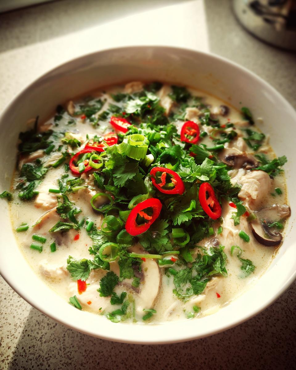 A close-up of a creamy bowl of coconut soup filled with chicken and mushrooms, heavily garnished with fresh cilantro, scallions, and red chili slices.