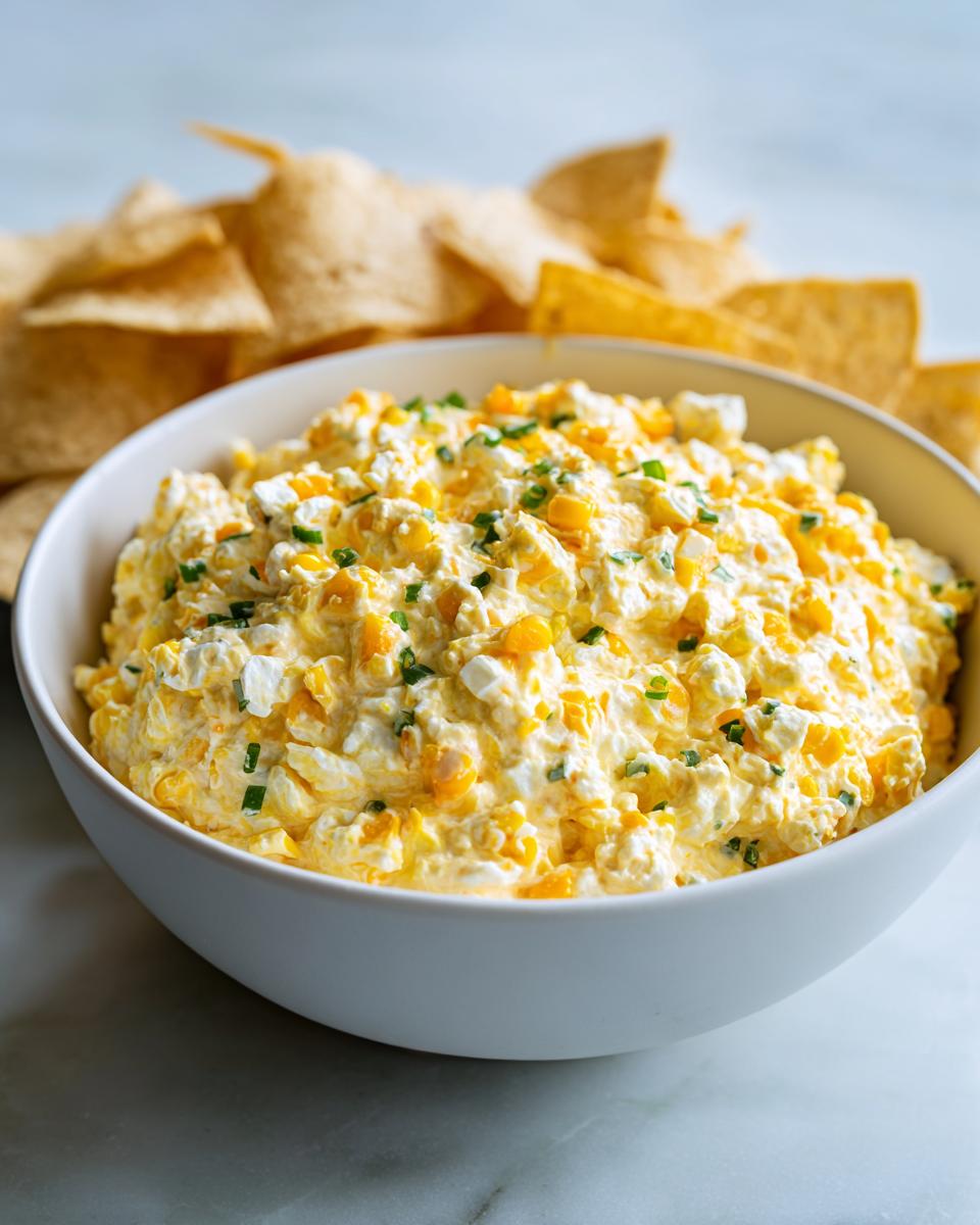 A creamy, cheesy corn dip topped with chives served in a white bowl with tortilla chips blurred in the background.