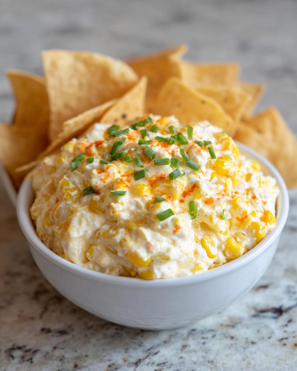 A creamy, cheesy corn dip topped with chives and paprika, served with tortilla chips, showcasing the amazing 10-minute corn dip recipe.