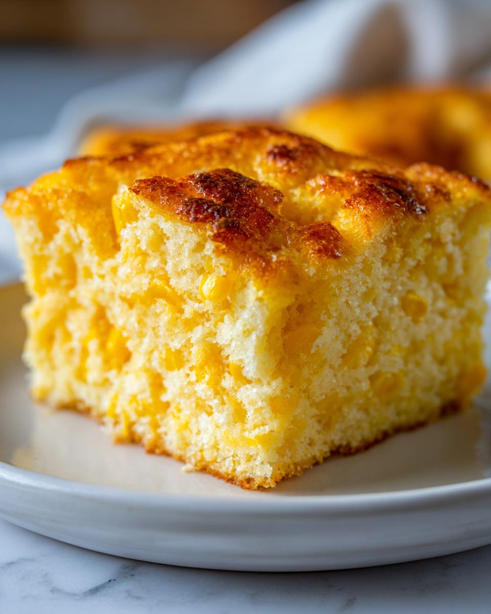 Close-up of a square slice of moist cornbread casserole with visible corn kernels and a golden-brown, slightly caramelized top.