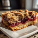 A single, thick slice of amazing cranberry crumble bars showing a golden crust, bright red filling, and crumbly topping.