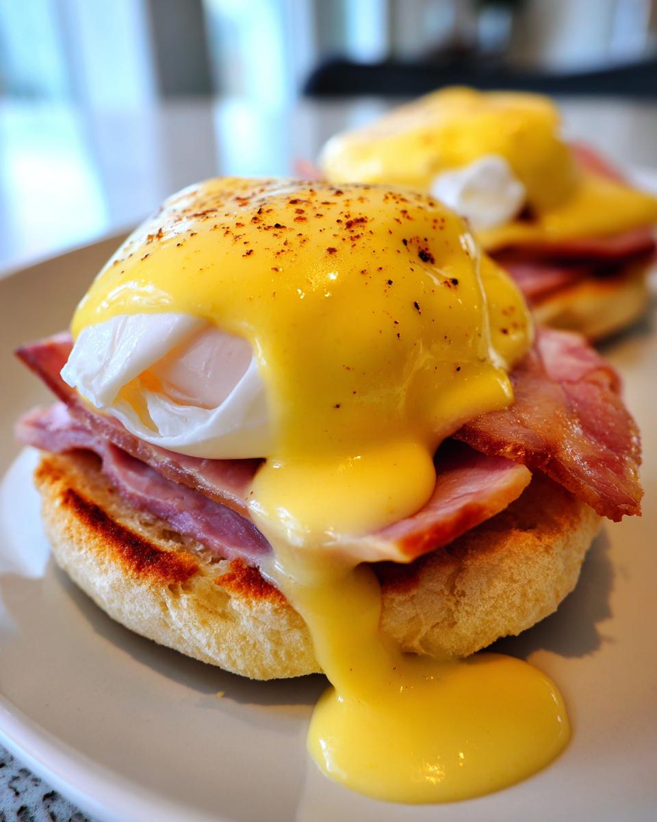 Close-up of a perfectly prepared Eggs Benedict featuring a poached egg, ham, and rich hollandaise sauce dripping down the toasted English muffin.