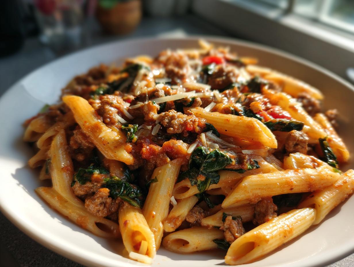 A close-up shot of a white bowl filled with amazing ground turkey pasta (penne) mixed with tomato sauce, spinach, and topped with grated cheese.