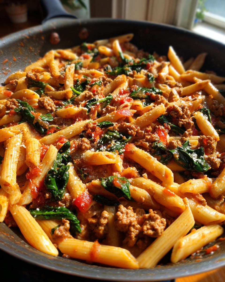 Close-up of penne pasta mixed with savory ground turkey pasta sauce and wilted spinach in a skillet.
