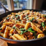 Close-up of penne pasta mixed with ground turkey sauce, spinach, and grated cheese in a skillet, showcasing the ground turkey pasta.