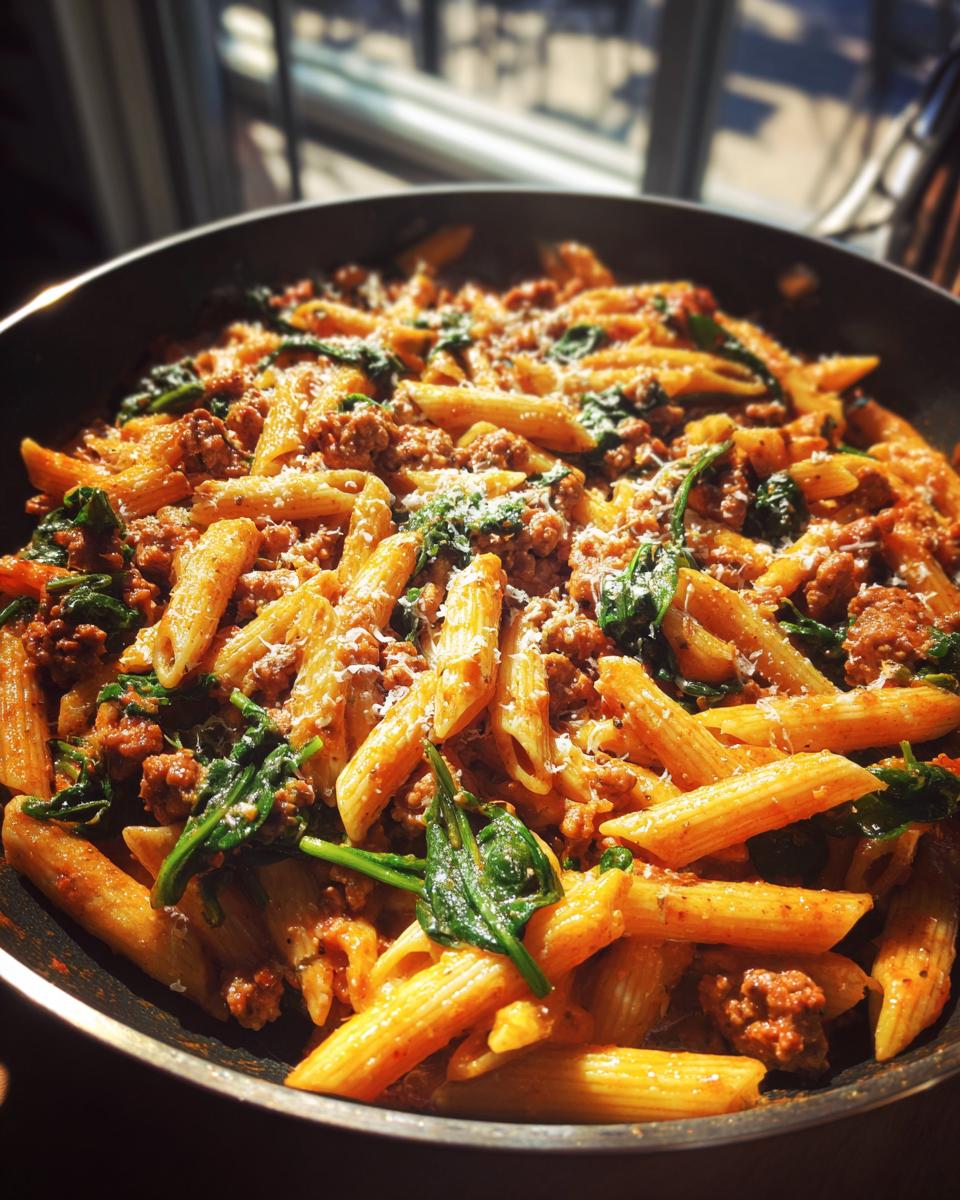 Close-up of penne ground turkey pasta mixed with wilted spinach and topped with grated cheese in a dark skillet.