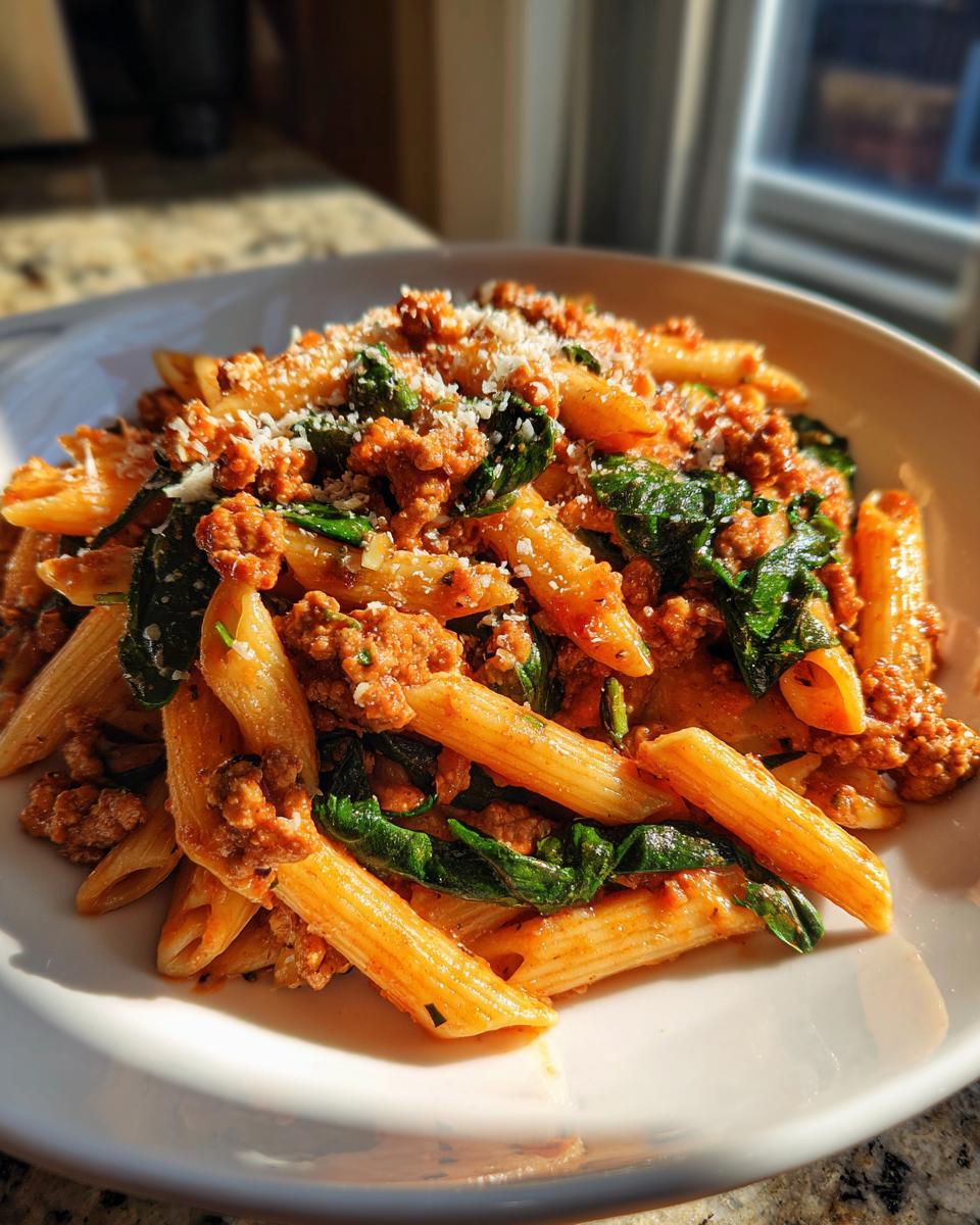 Close-up of a bowl of amazing ground turkey pasta mixed with wilted spinach and topped with grated cheese.