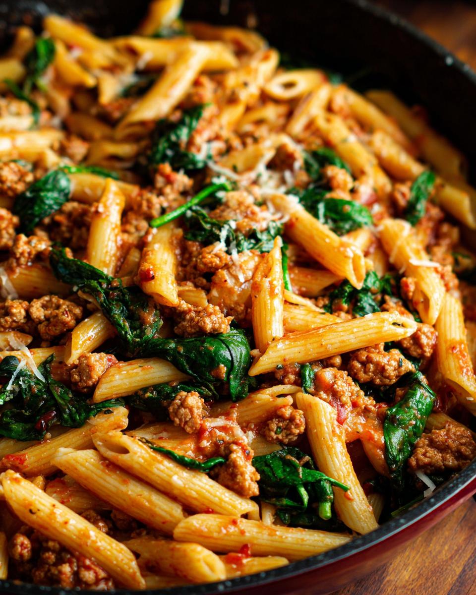 Close-up of penne pasta mixed with seasoned ground turkey, wilted spinach, and a light tomato sauce, topped with Parmesan cheese.