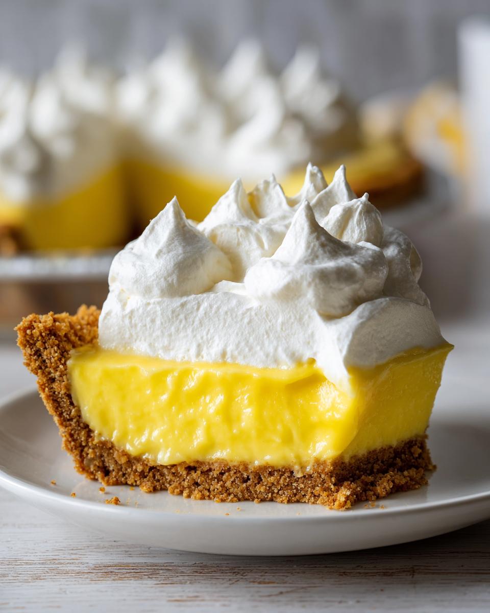 A close-up slice of amazing lemon pie featuring a thick graham cracker crust, bright yellow filling, and piped whipped cream.