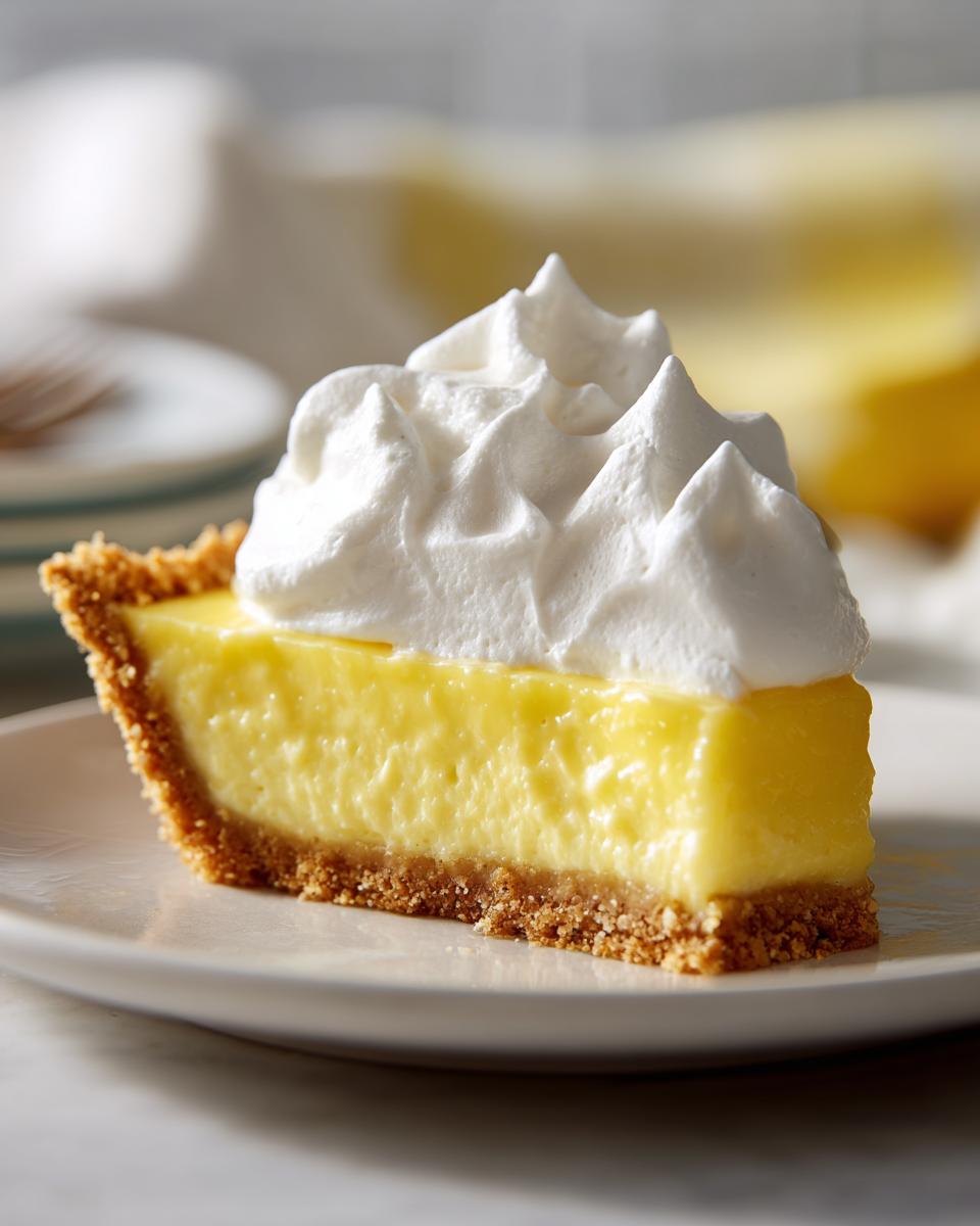 Close-up of a thick slice of bright yellow lemon pie with a graham cracker crust, topped high with fluffy white whipped cream.